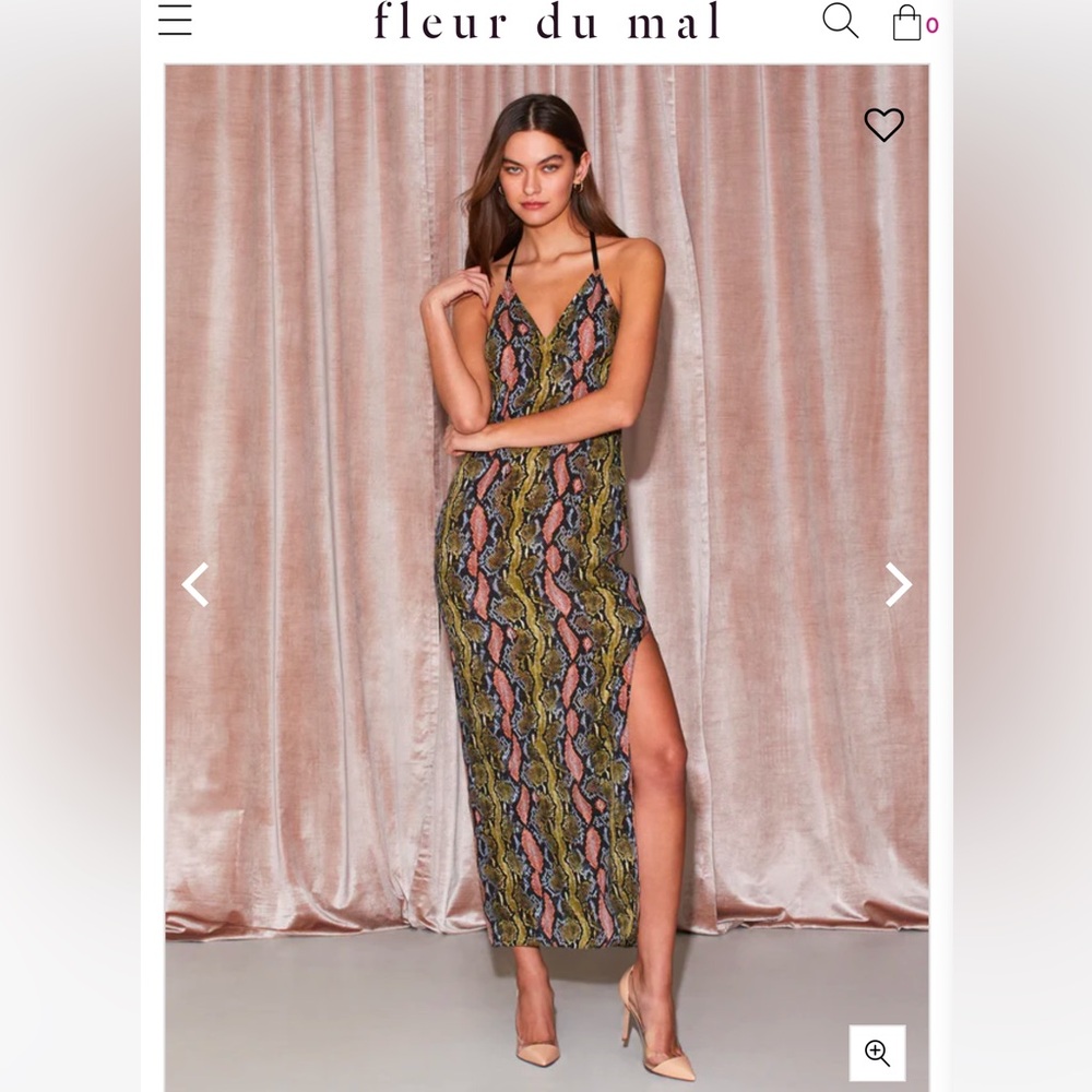 Fleur du mal T-back maxi slip dress 100% silk charmeuse Python Print XS